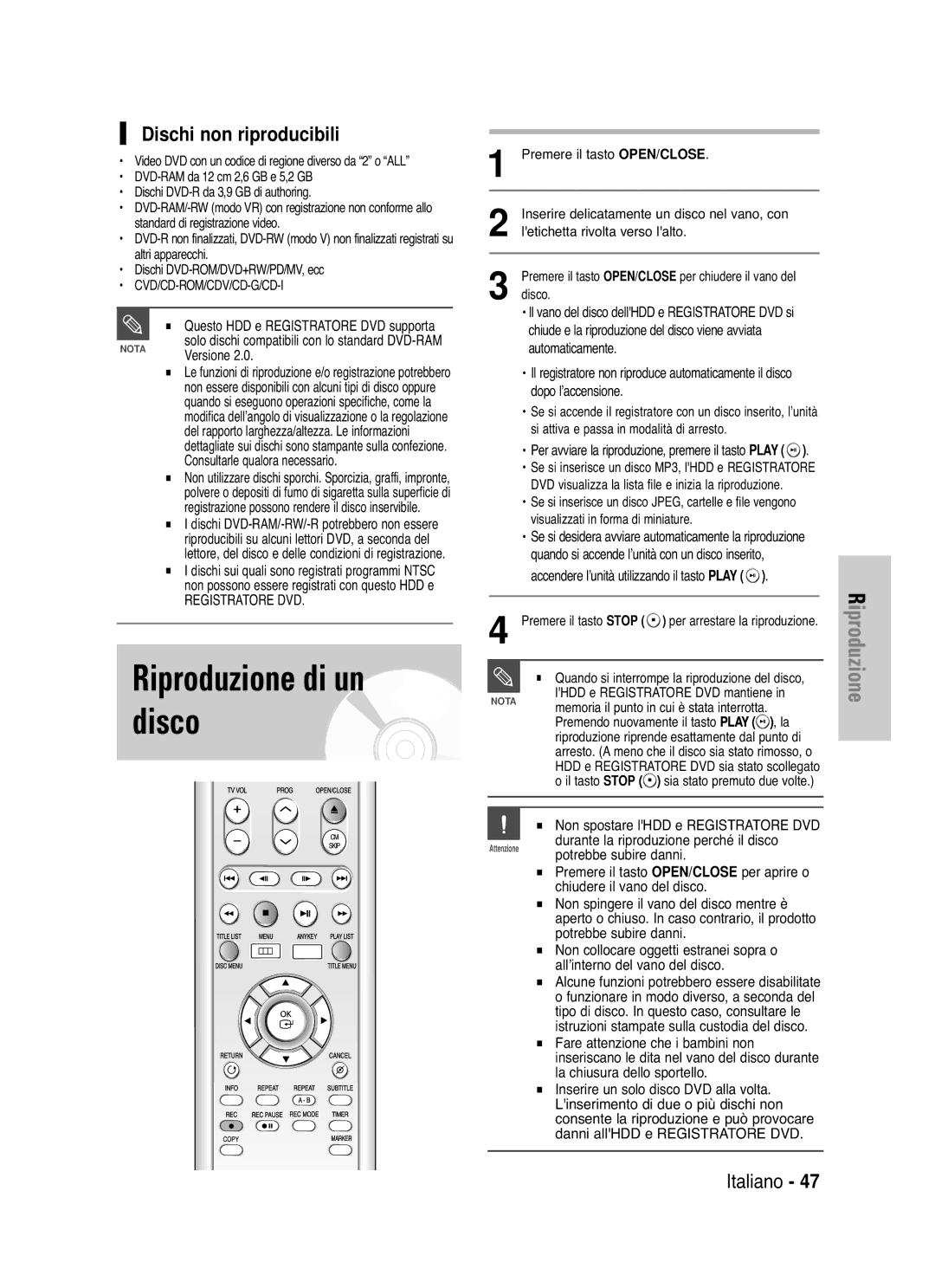 Samsung DVD-HR721/XET manual Riproduzione di un disco, Dischi non riproducibili 