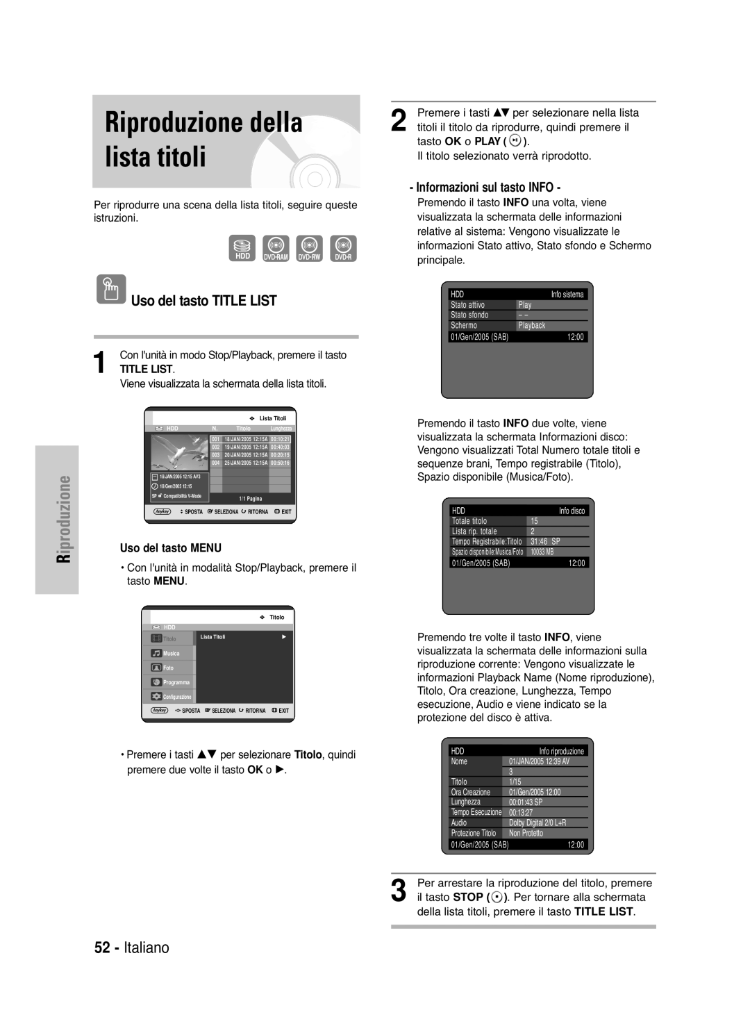 Samsung DVD-HR721/XET manual Riproduzione della lista titoli, Uso del tasto Title List 