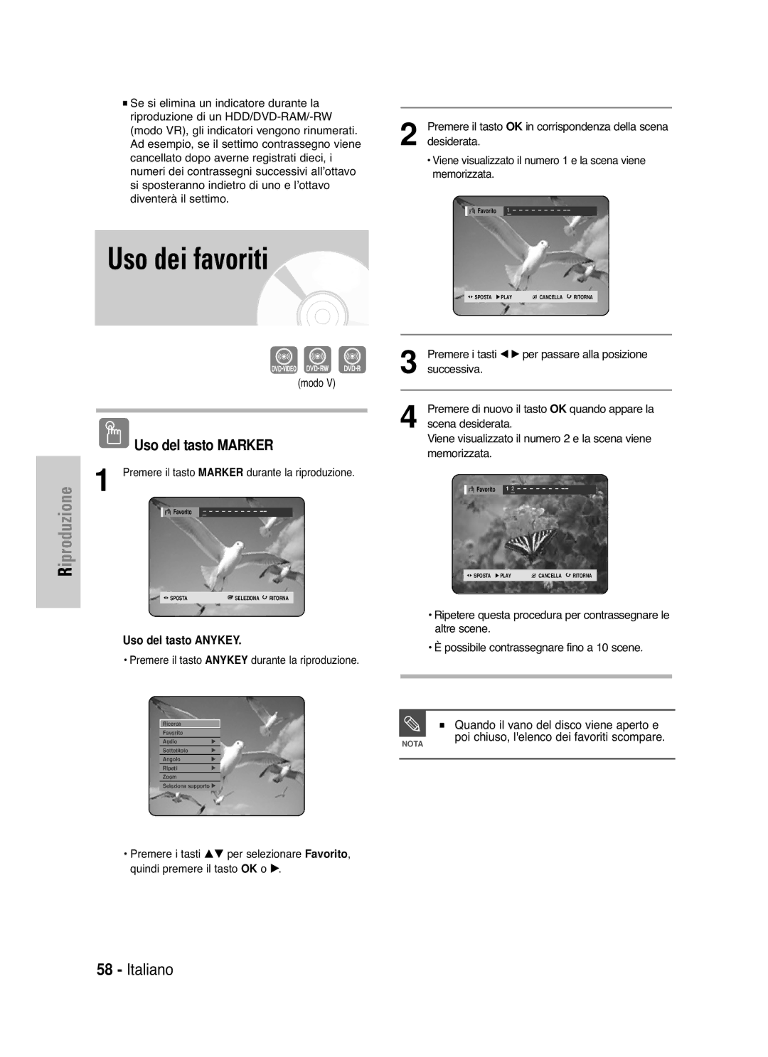 Samsung DVD-HR721/XET manual Quando il vano del disco viene aperto e, Poi chiuso, lelenco dei favoriti scompare 