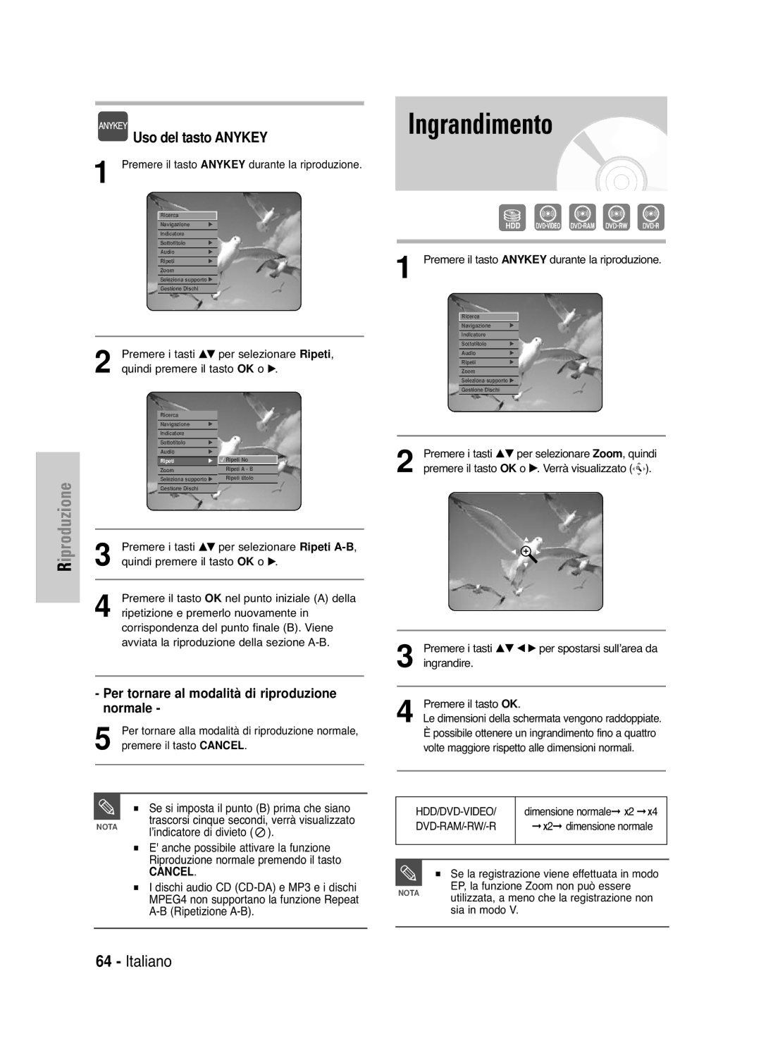 Samsung DVD-HR721/XET manual Ingrandimento, Se si imposta il punto B prima che siano, ’indicatore di divieto 