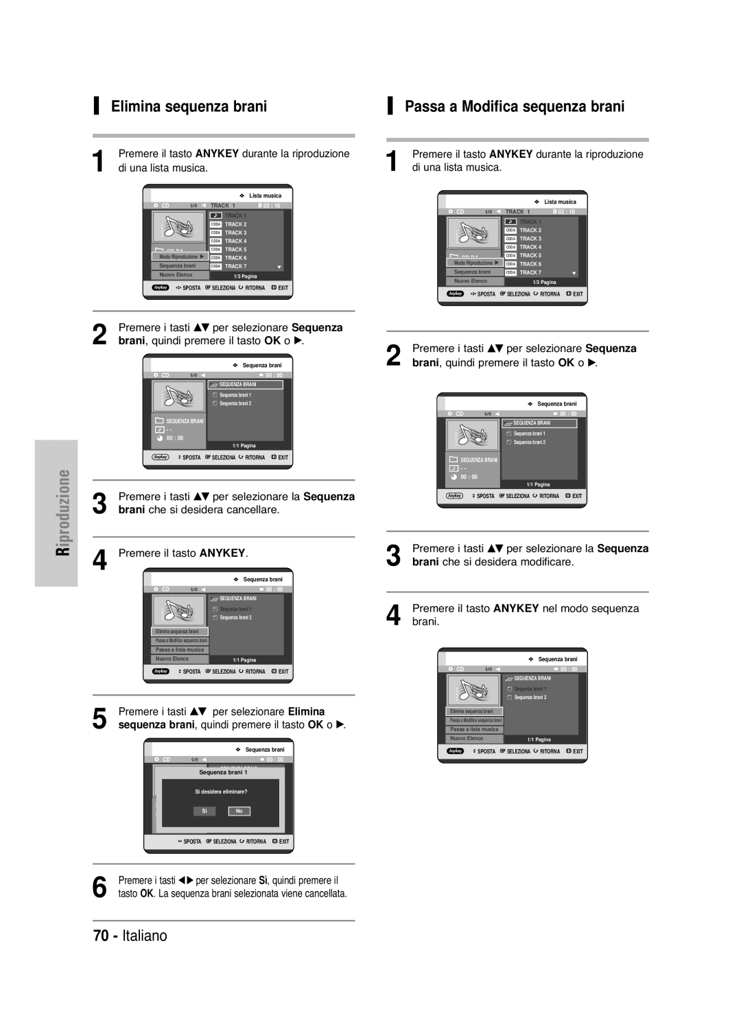 Samsung DVD-HR721/XET manual Elimina sequenza brani, Passa a Modifica sequenza brani, 5sequenza brani 