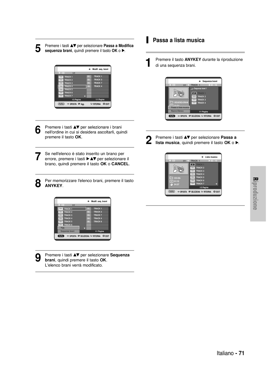 Samsung DVD-HR721/XET manual Passa a lista musica, Di una sequenza brani, Premere i tasti …† per selezionare Passa a 