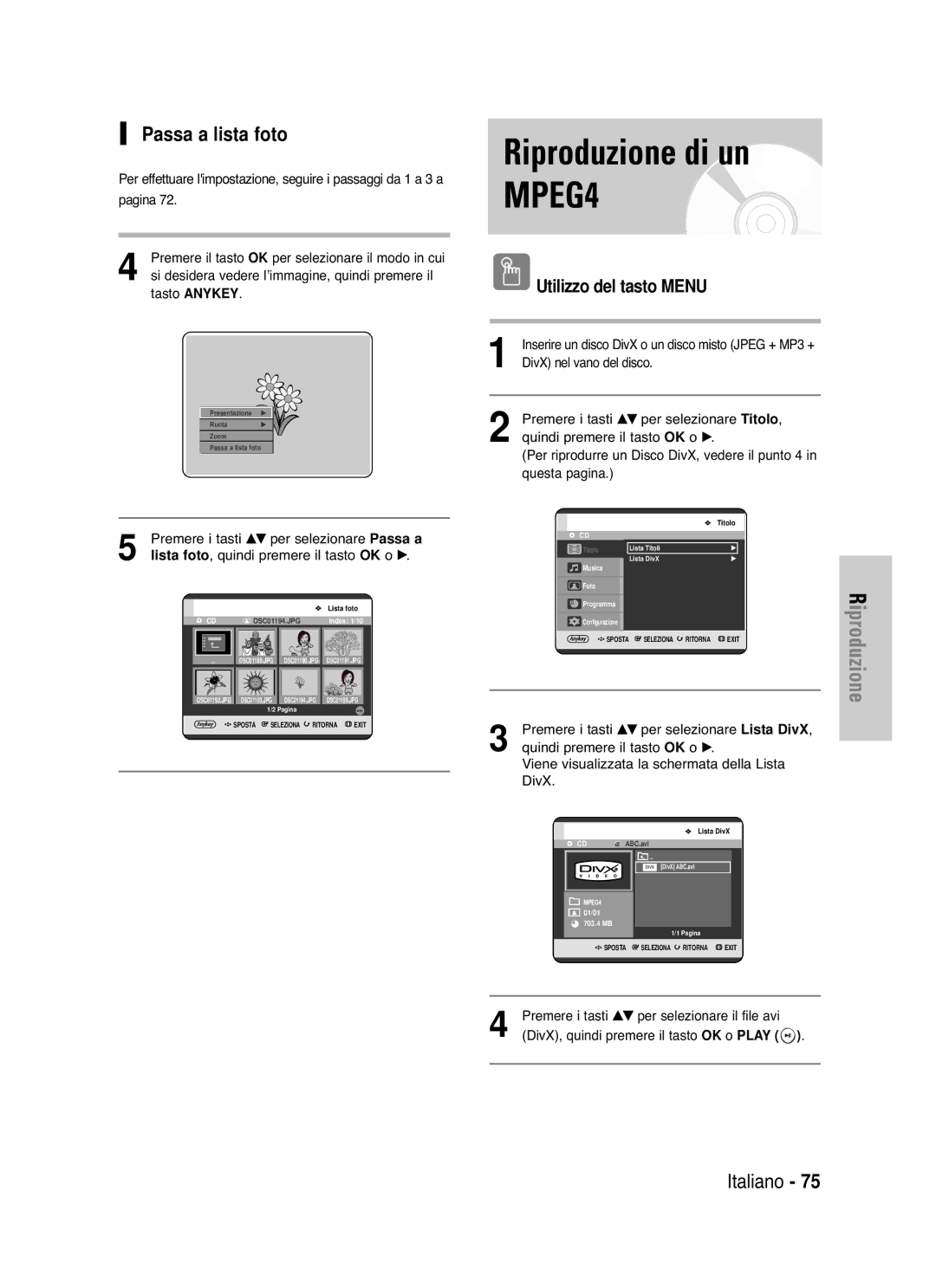 Samsung DVD-HR721/XET manual Riproduzione di un, Passa a lista foto, Utilizzo del tasto Menu 