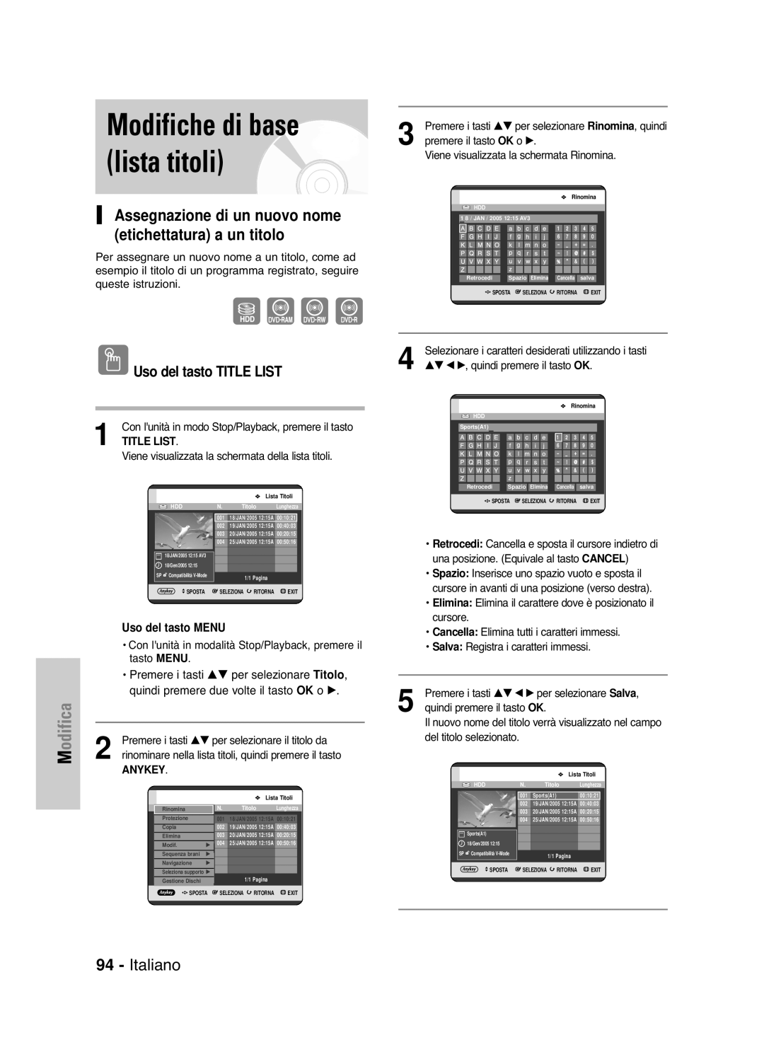 Samsung DVD-HR721/XET manual Tasto Menu, Rinominare nella lista titoli, quindi premere il tasto, Del titolo selezionato 