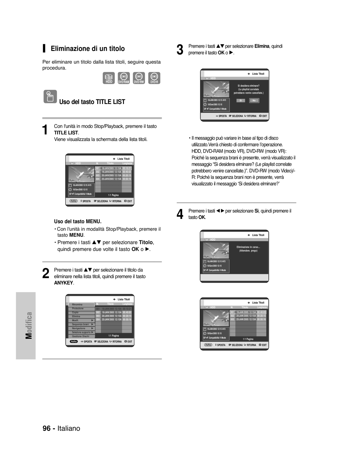 Samsung DVD-HR721/XET manual Eliminazione di un titolo, Premere i tasti …† per selezionare Titolo 