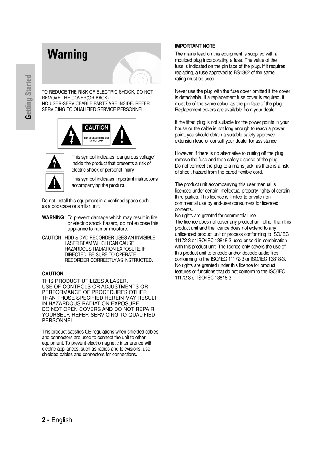 Samsung DVD-HR725 instruction manual Getting Started, No rights are granted for commercial use 