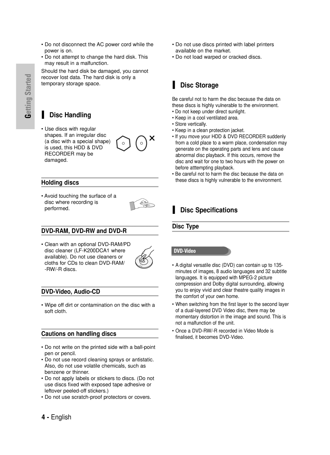 Samsung DVD-HR725 instruction manual Disc Handling, Disc Storage, Disc Specifications 