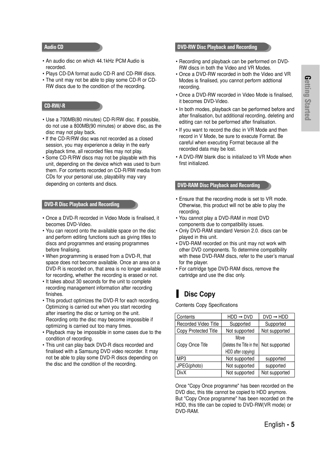 Samsung DVD-HR725 instruction manual Disc Copy, Contents Copy Specifications, Copy Once Title, JPEGphoto, DivX 