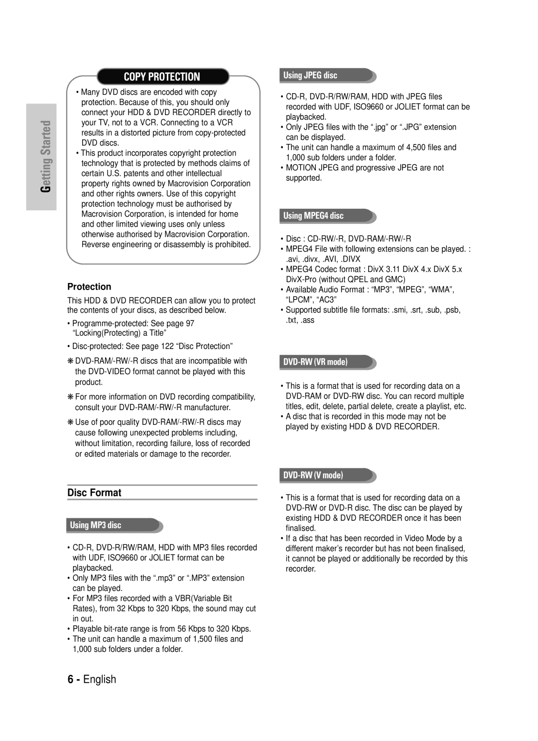 Samsung DVD-HR725 instruction manual Disc Format, Protection 