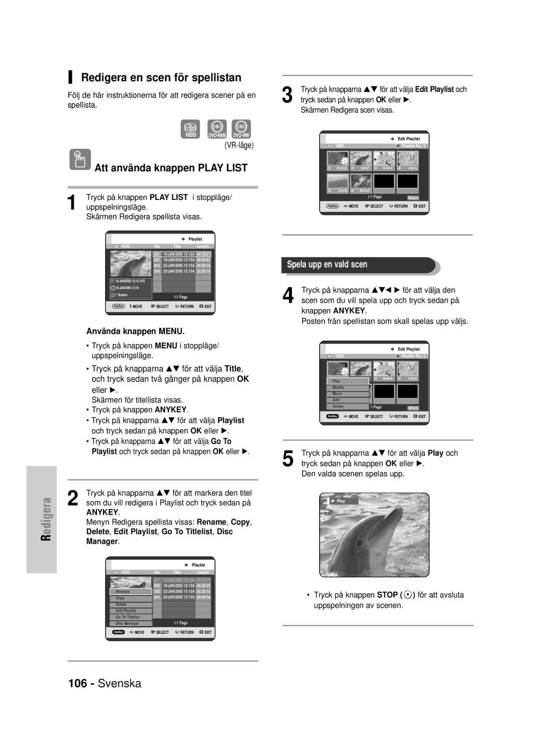 Samsung DVD-HR725/XEE manual Redigera en scen för spellistan, Tryck på knappen Play List i stoppläge, Manager 