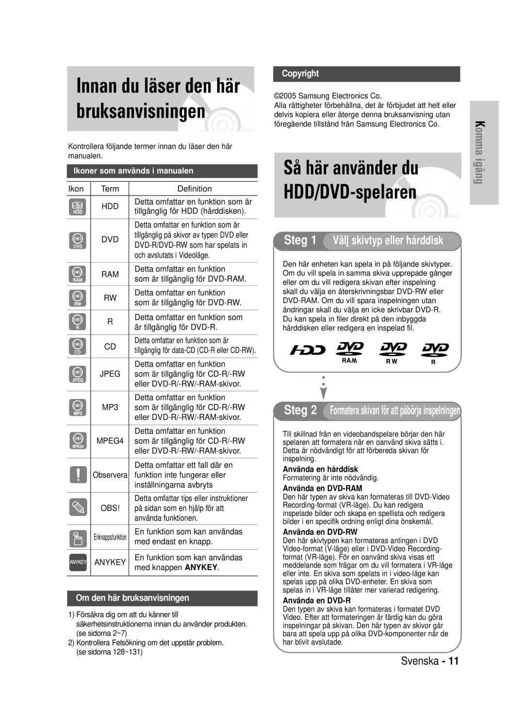 Samsung DVD-HR725/XEE manual Innan du läser den här bruksanvisningen 