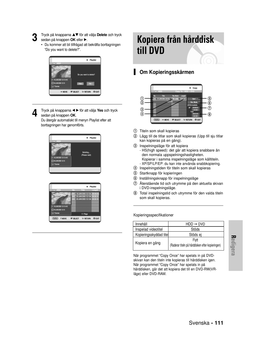 Samsung DVD-HR725/XEE manual Kopiera från hårddisk till DVD, Om Kopieringsskärmen, Inspelad videotitel 