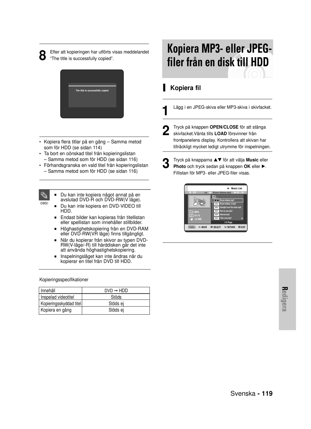 Samsung DVD-HR725/XEE manual Kopiera MP3- eller JPEG- filer från en disk till HDD, Kopiera fil, Kopieringsskyddad titel 