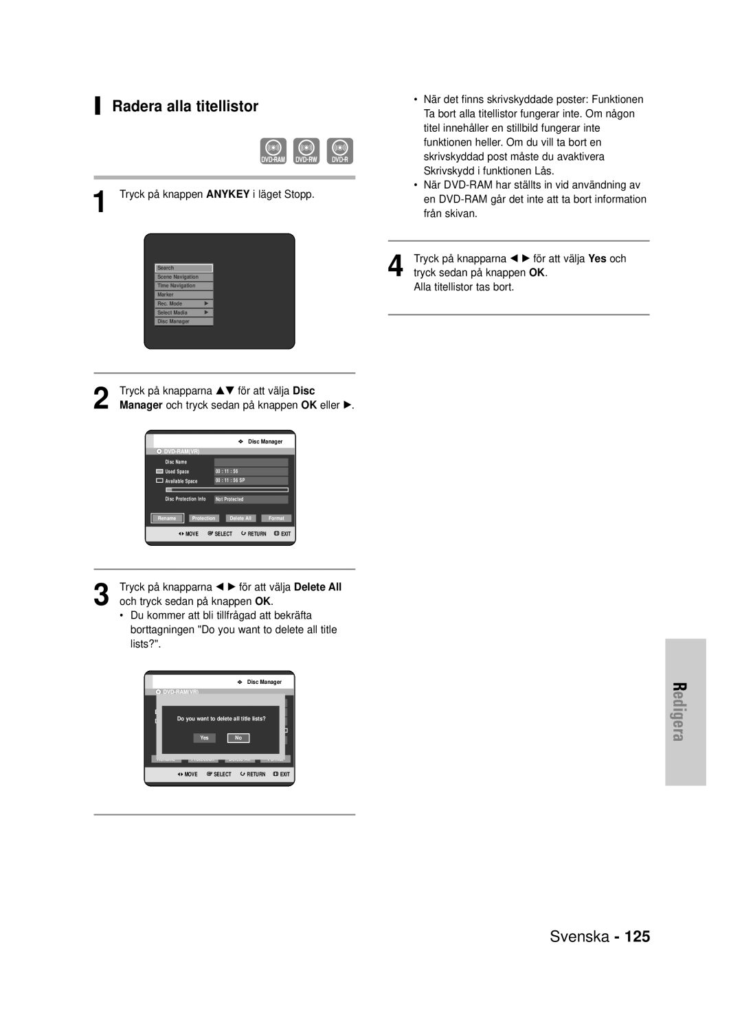 Samsung DVD-HR725/XEE manual Radera alla titellistor 