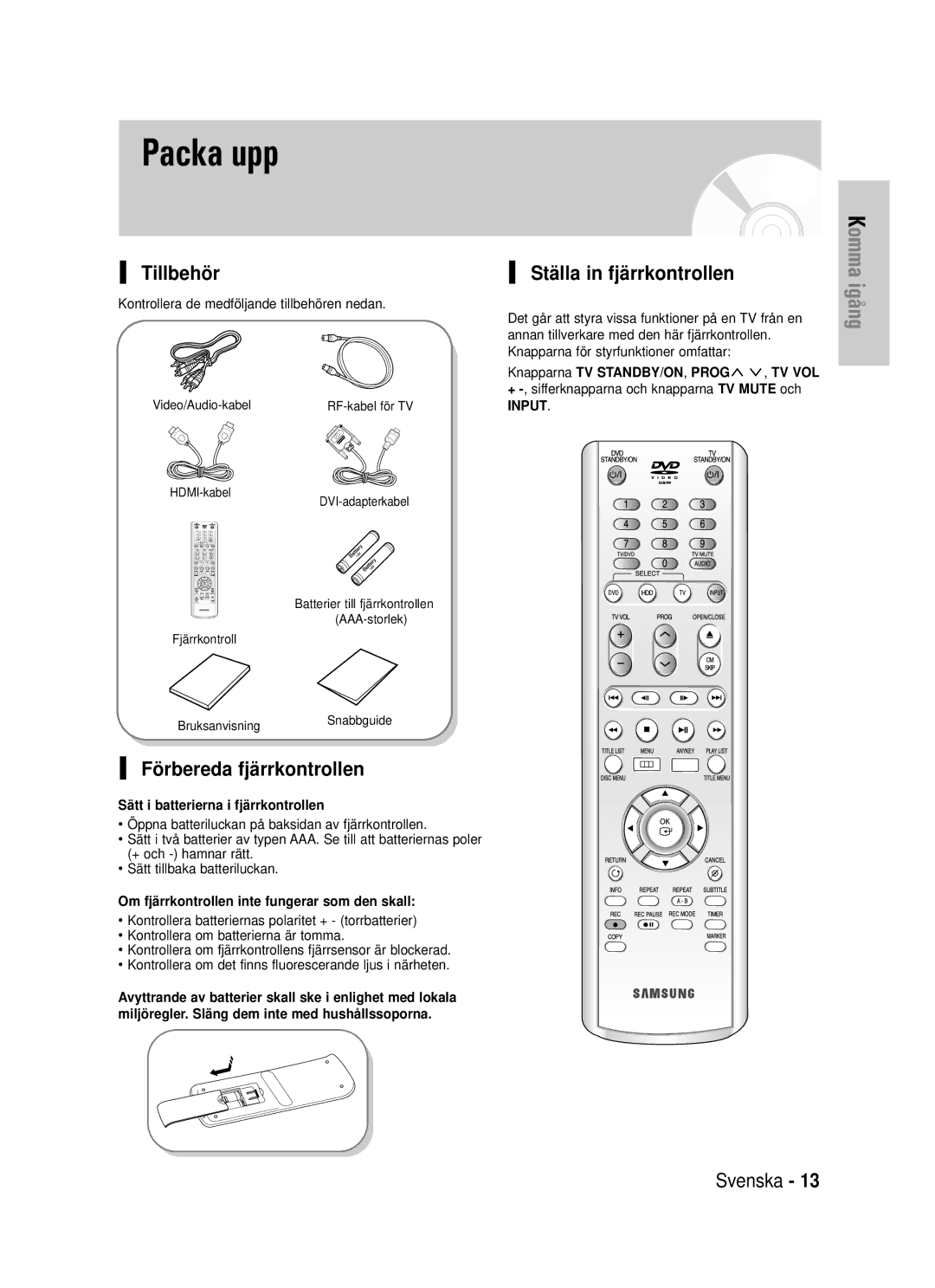 Samsung DVD-HR725/XEE manual Tillbehör Ställa in fjärrkontrollen, Förbereda fjärrkontrollen, Knapparna TV STANDBY/ON, Prog 