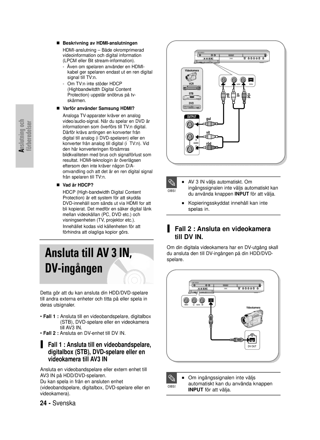 Samsung DVD-HR725/XEE manual Fall 2 Ansluta en videokamera till DV, Automatiskt kan du använda knappen Input för att välja 