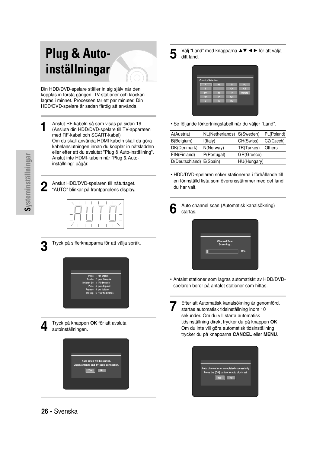 Samsung DVD-HR725/XEE manual Välj Land med knapparna…† œ √ för att välja, Ditt land, BBelgium IItaly CHSwiss 