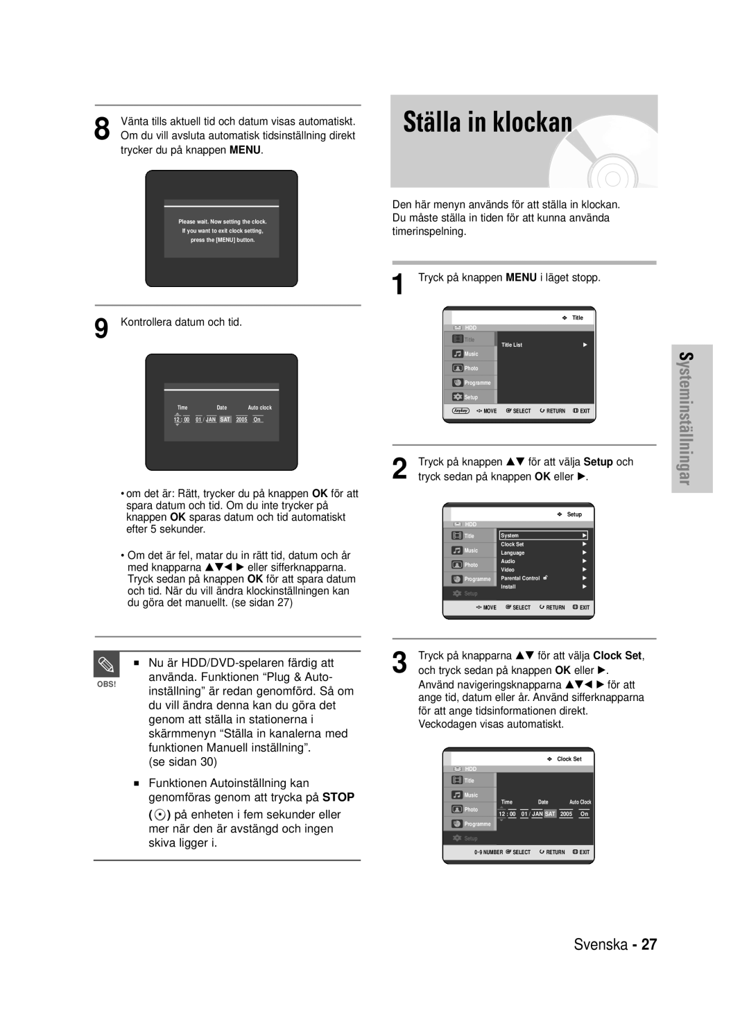 Samsung DVD-HR725/XEE manual Ställa in klockan, Nu är HDD/DVD-spelaren färdig att, Trycker du på knappen Menu 