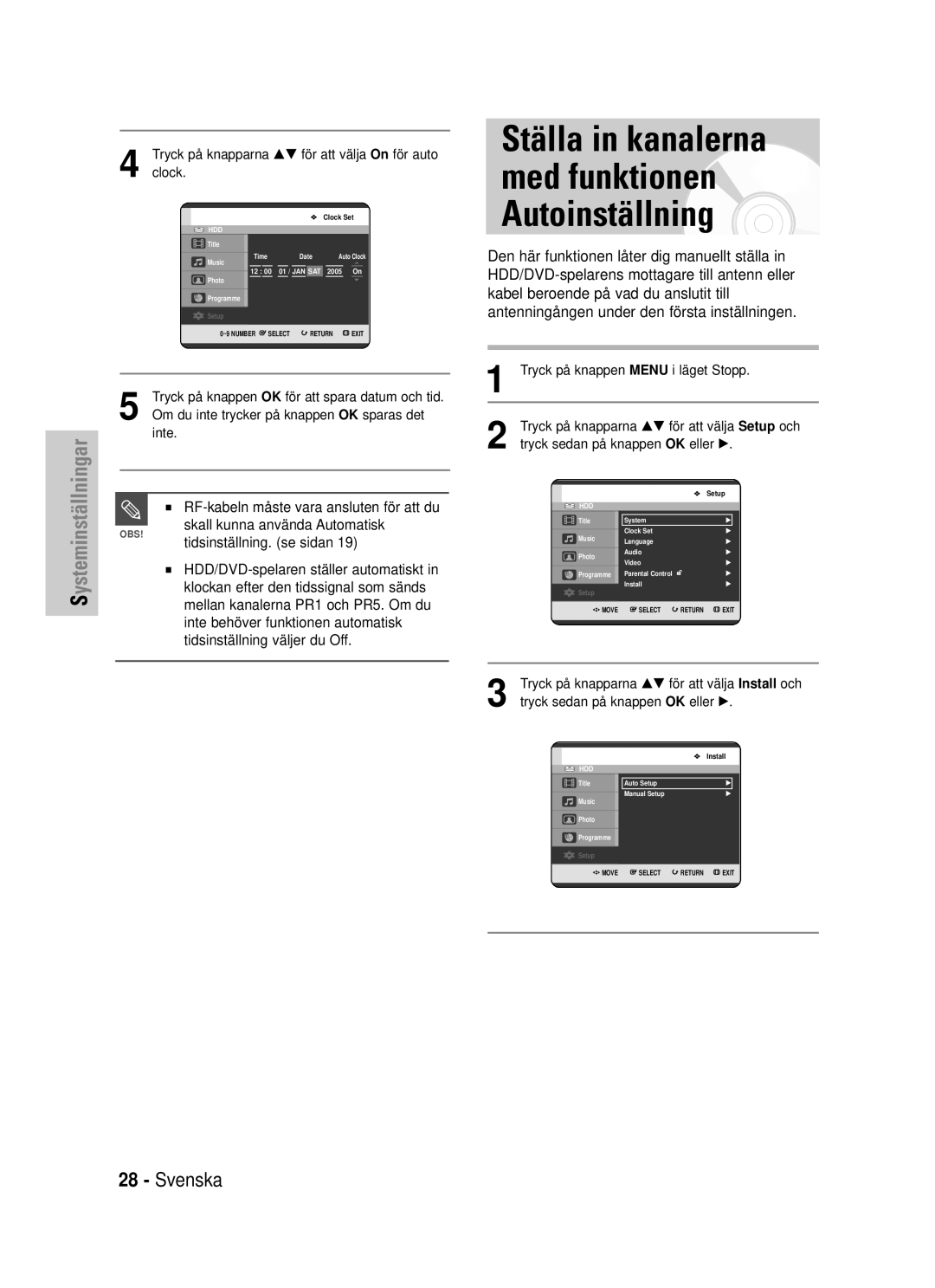 Samsung DVD-HR725/XEE manual RF-kabeln måste vara ansluten för att du, Tidsinställning väljer du Off 