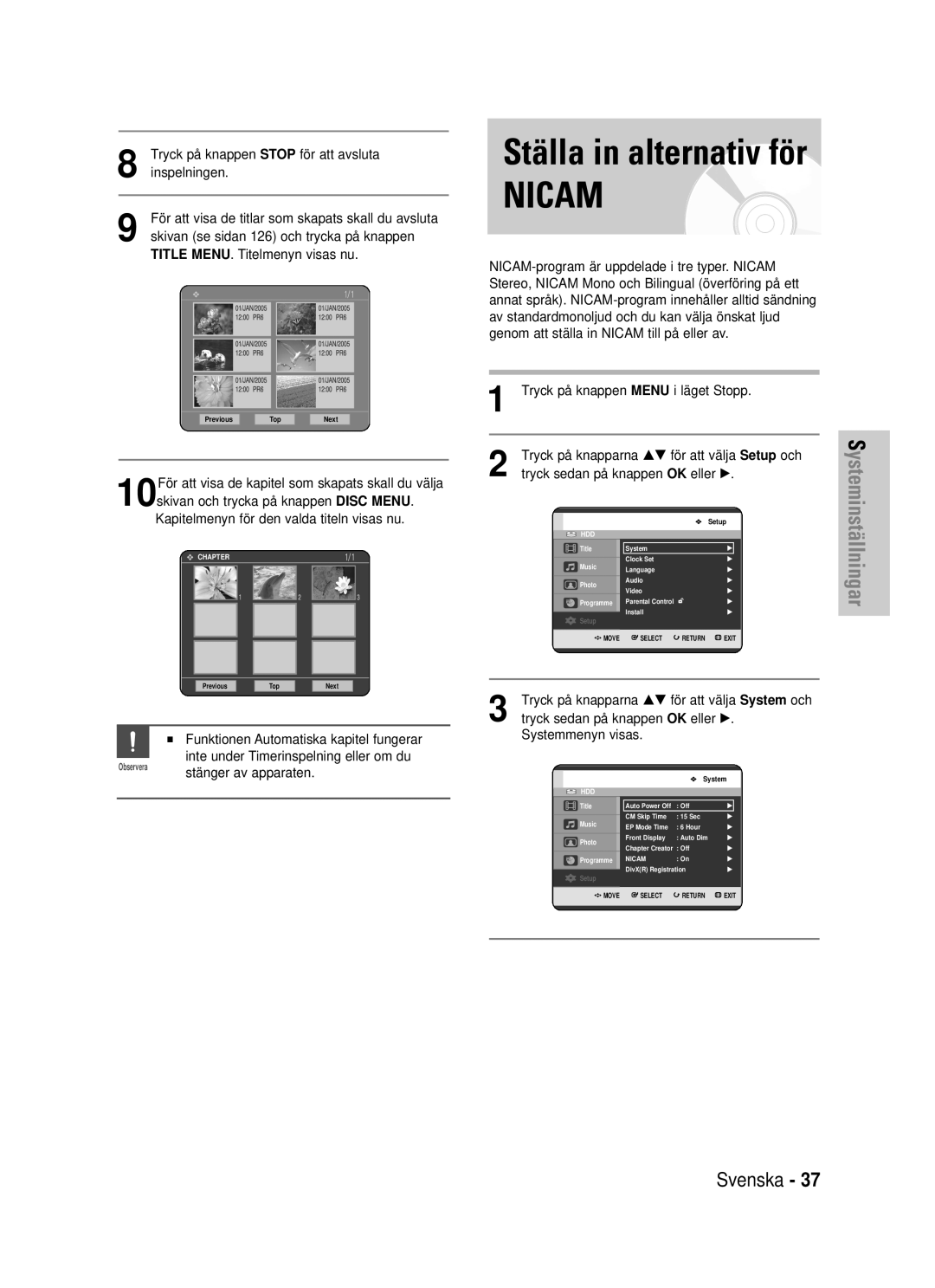 Samsung DVD-HR725/XEE manual Nicam 