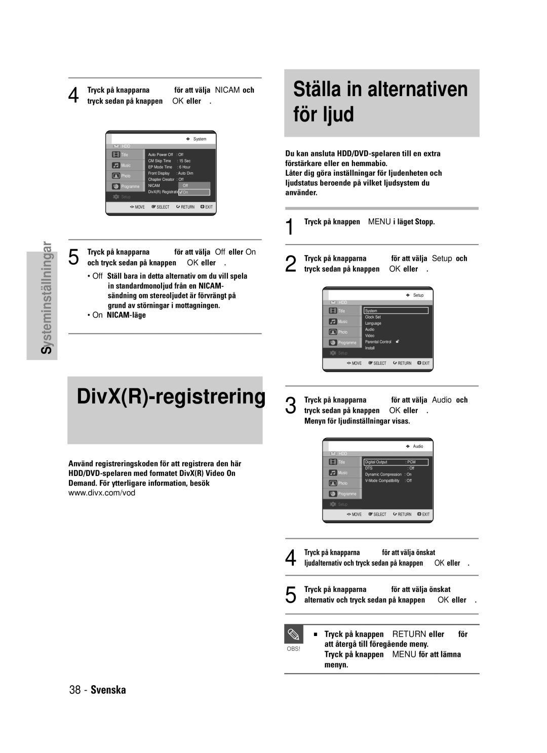 Samsung DVD-HR725/XEE manual DivXR-registrering, Ställa in alternativen för ljud, Tryck på knappen Return eller œ för 