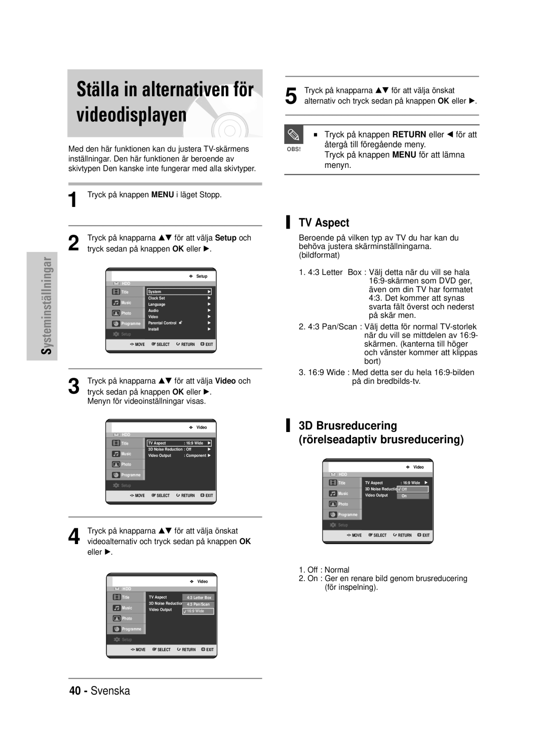 Samsung DVD-HR725/XEE manual TV Aspect, 3D Brusreducering rörelseadaptiv brusreducering 