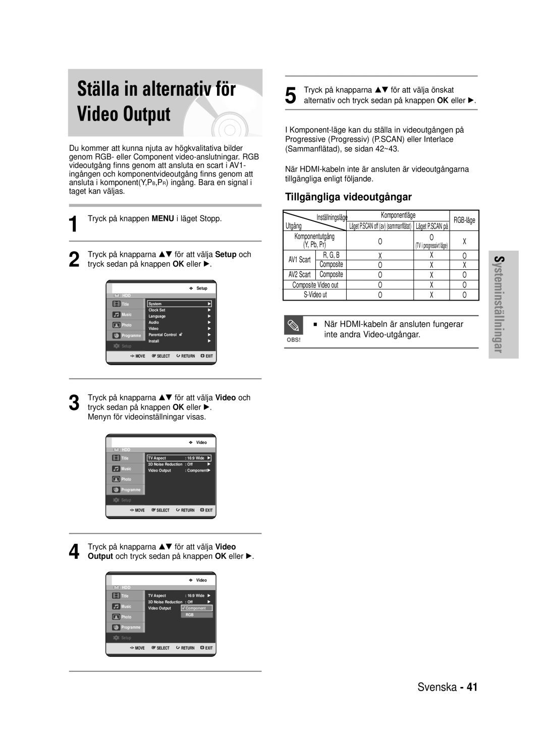 Samsung DVD-HR725/XEE manual Tillgängliga videoutgångar, Utgång, Video ut, Tryck på knapparna …† för att välja Video 