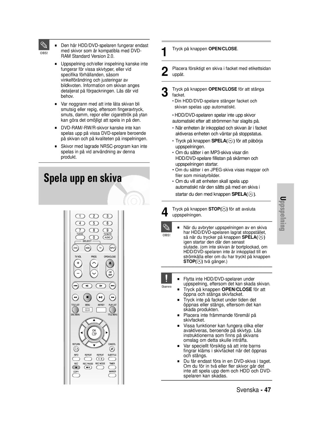 Samsung DVD-HR725/XEE manual Spela upp en skiva 