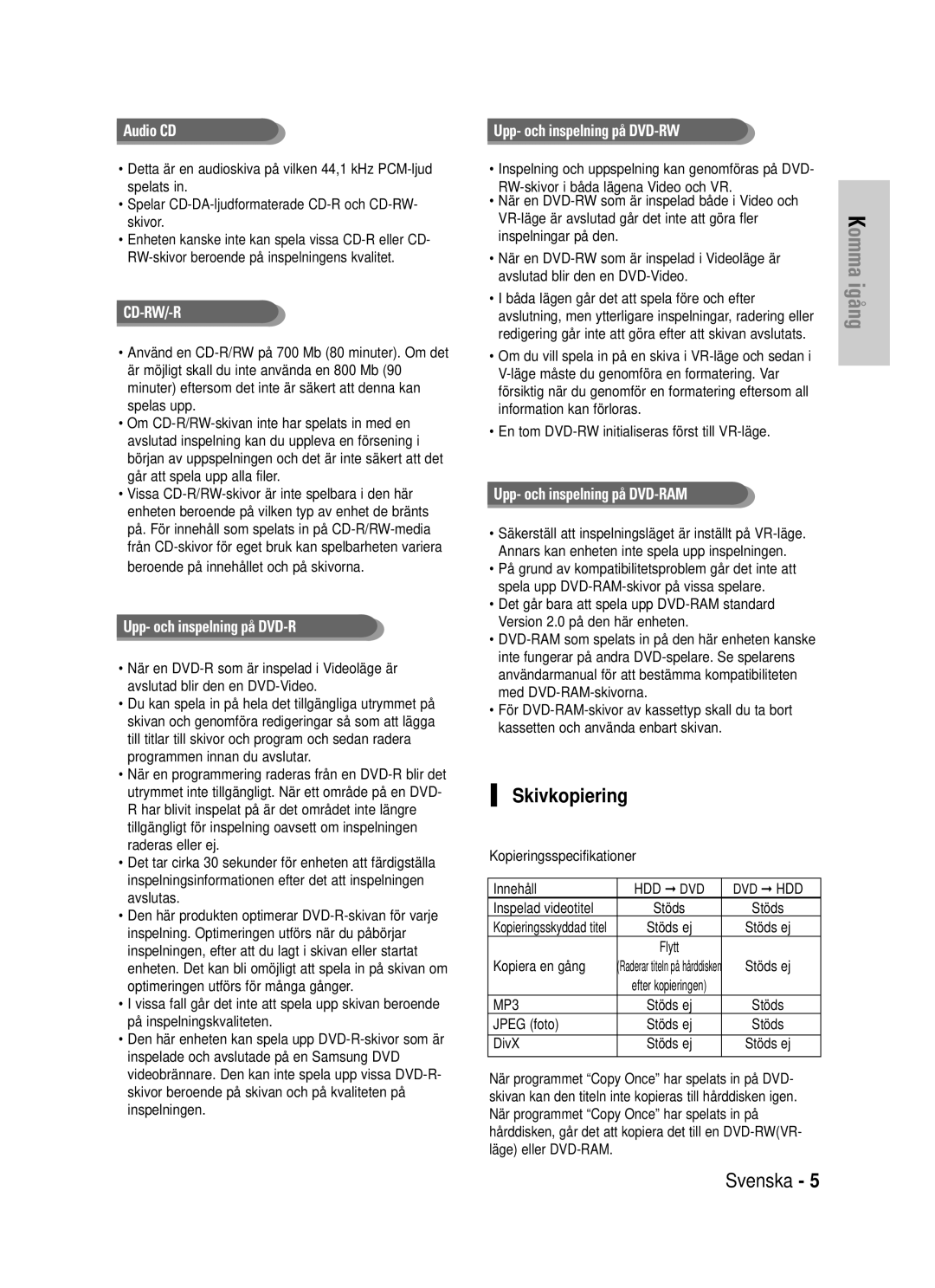 Samsung DVD-HR725/XEE manual Skivkopiering 