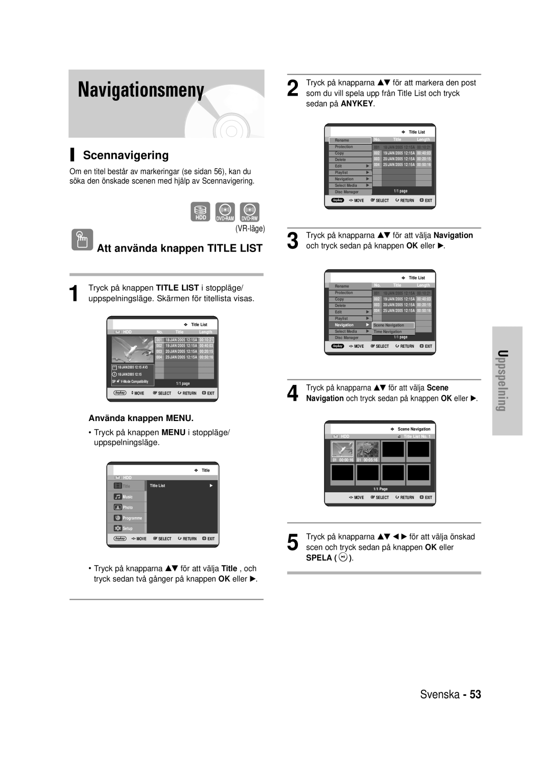 Samsung DVD-HR725/XEE manual Navigationsmeny, Scennavigering, VR-läge, Tryck på knappen Title List i stoppläge 