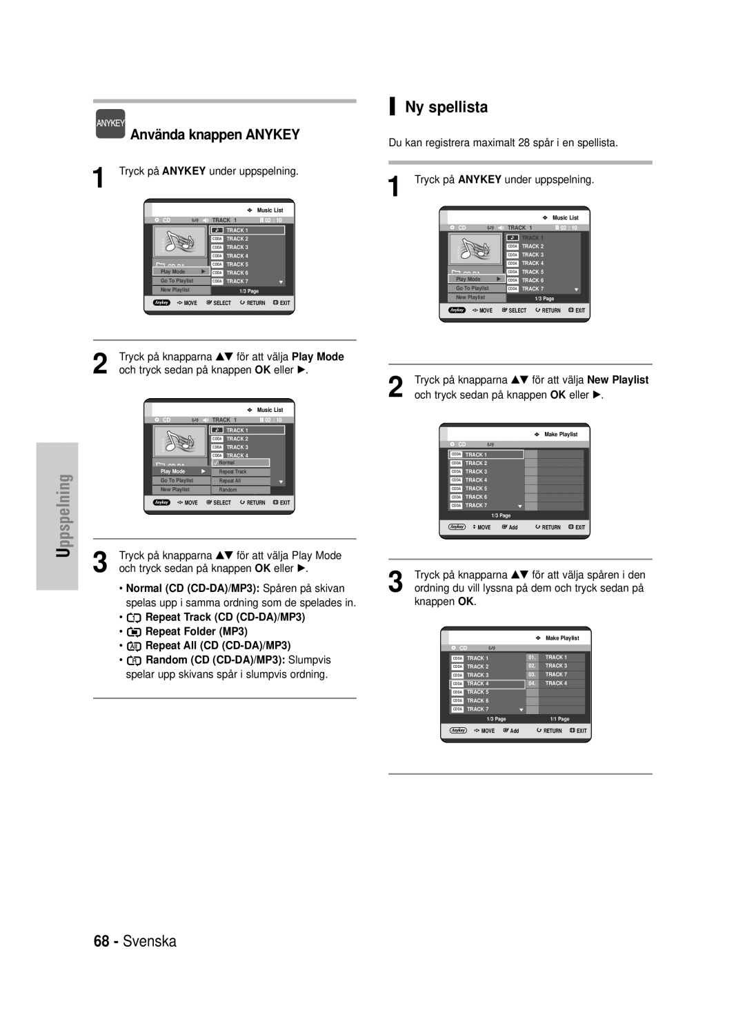 Samsung DVD-HR725/XEE manual Ny spellista, Tryck på knapparna …† för att välja New Playlist 