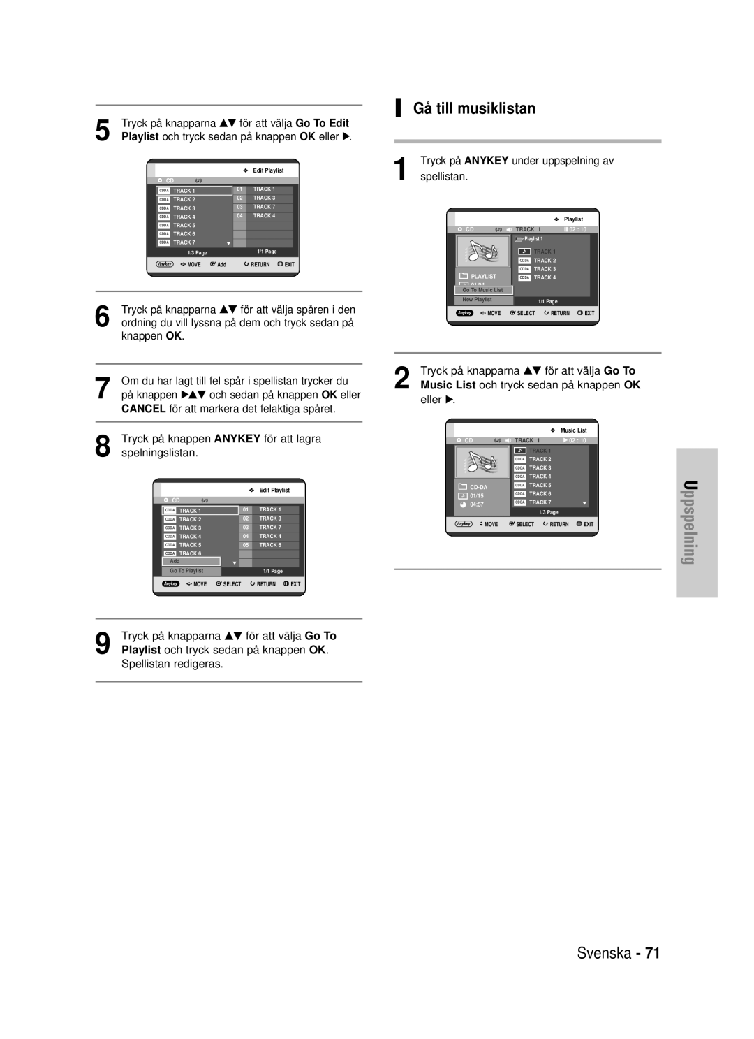 Samsung DVD-HR725/XEE manual Gå till musiklistan 