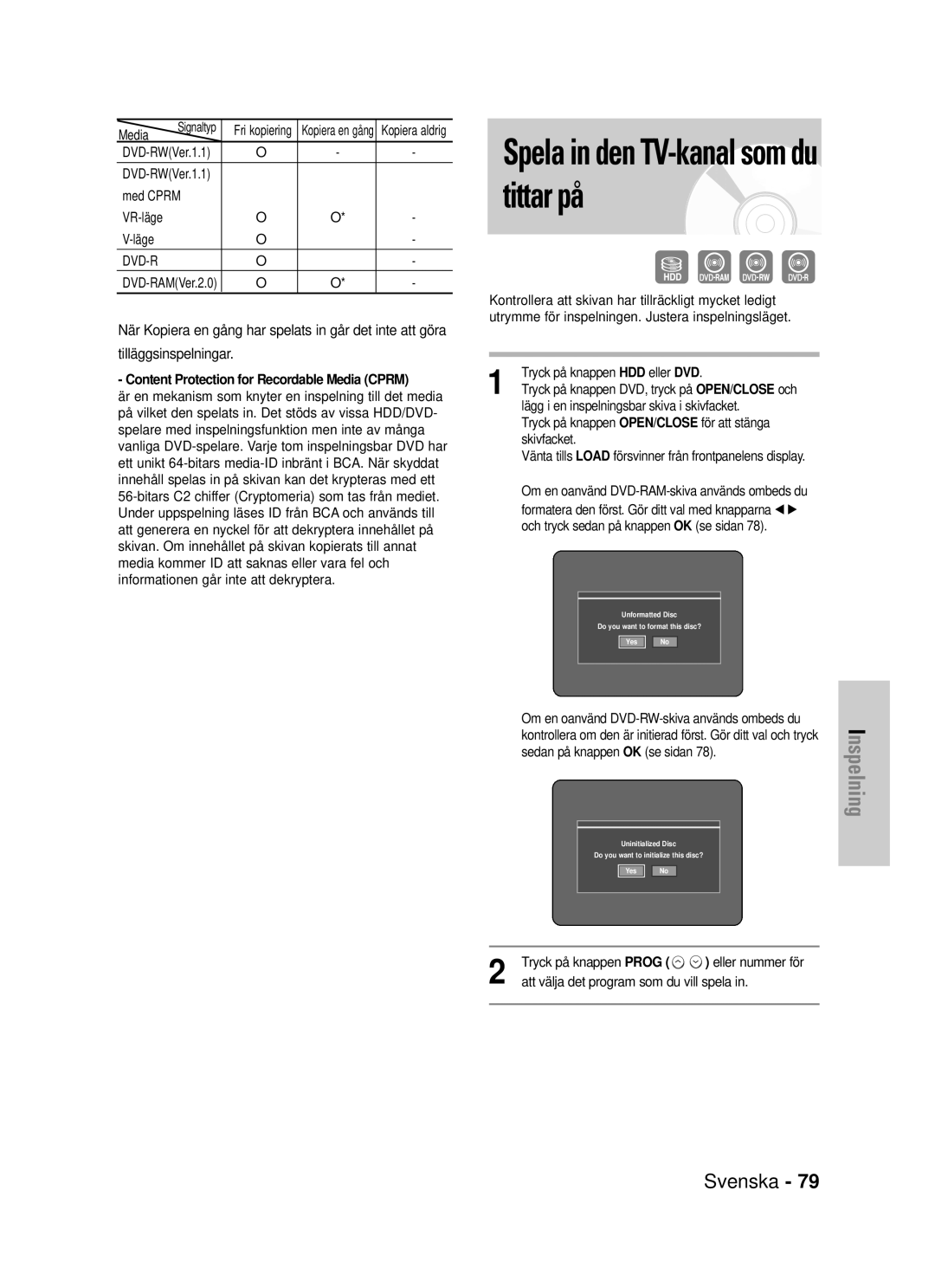 Samsung DVD-HR725/XEE manual Med Cprm VR-läge Läge, Content Protection for Recordable Media Cprm 