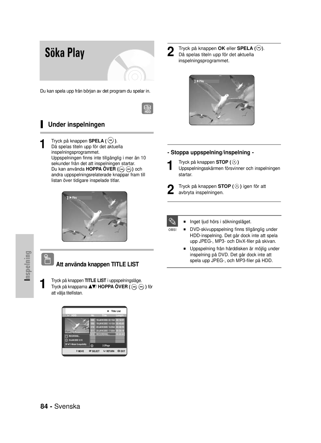 Samsung DVD-HR725/XEE manual Under inspelningen, Att använda knappen Title List, Stoppa uppspelning/inspelning 