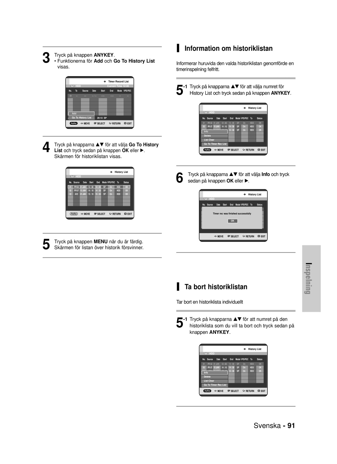 Samsung DVD-HR725/XEE manual Information om historiklistan, Ta bort historiklistan 