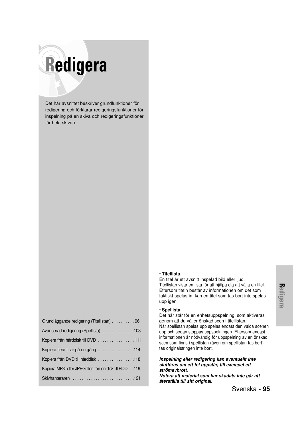 Samsung DVD-HR725/XEE manual Titellista, Spellista 