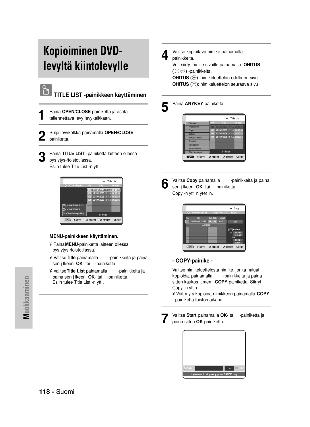 Samsung DVD-HR725/XEE manual Kopioiminen DVD- levyltä kiintolevylle 