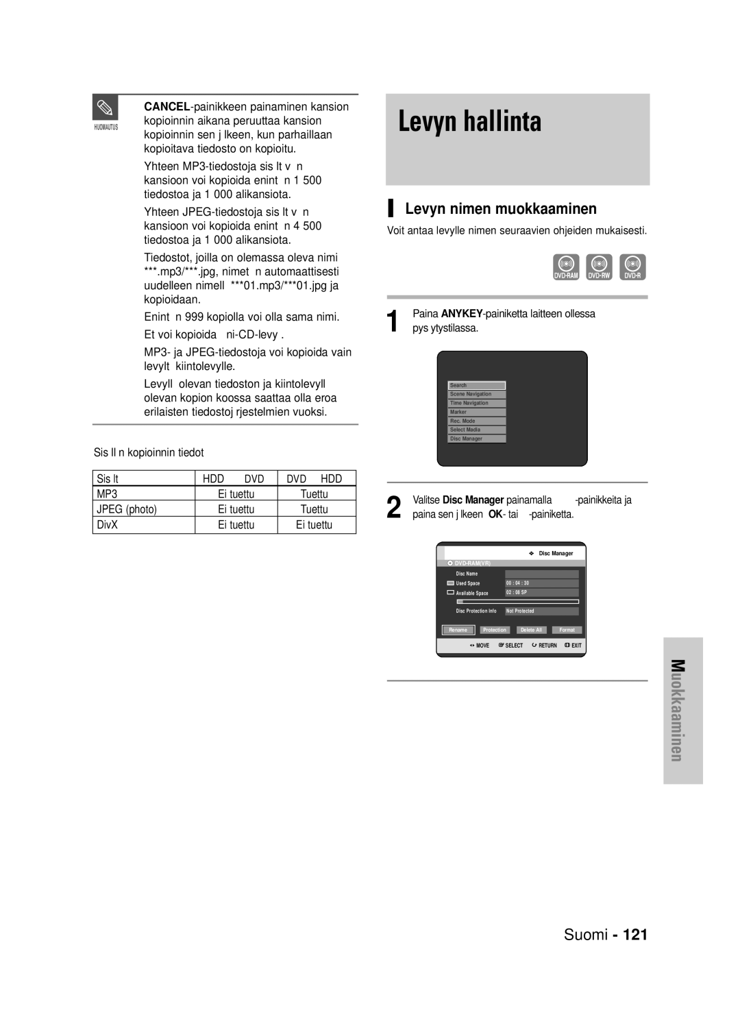 Samsung DVD-HR725/XEE manual Levyn nimen muokkaaminen, CANCEL-painikkeen painaminen kansion 