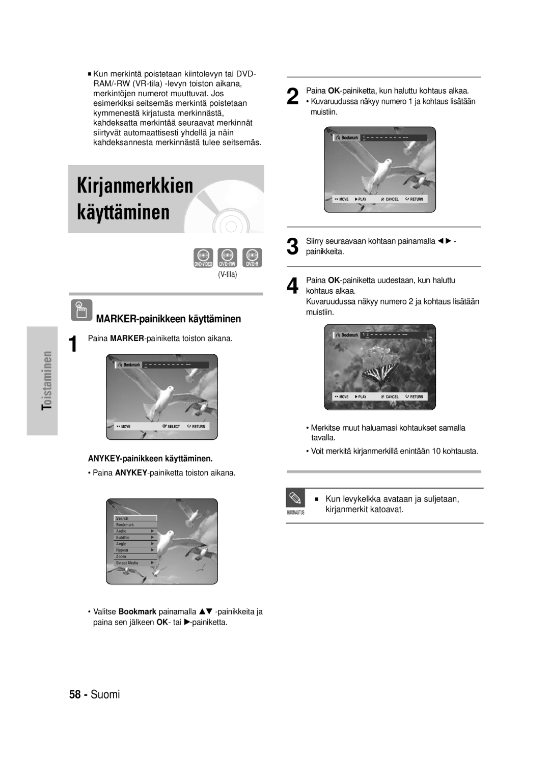 Samsung DVD-HR725/XEE manual Kirjanmerkkien käyttäminen, Kirjanmerkit katoavat, Tila 