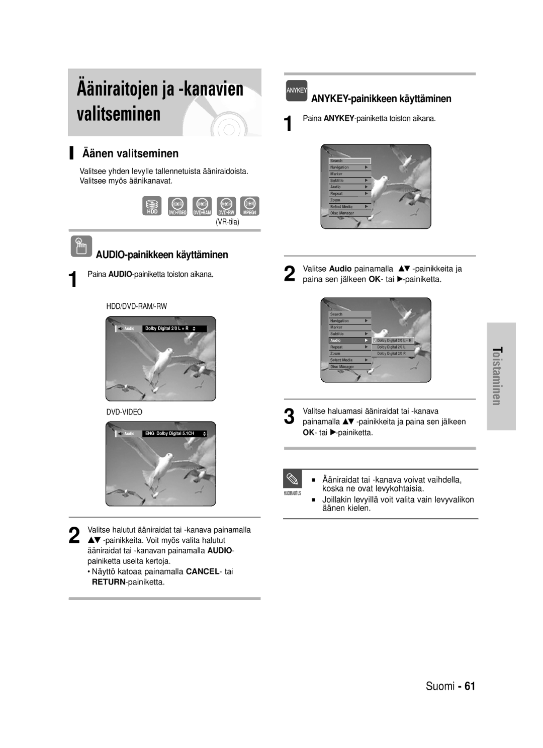 Samsung DVD-HR725/XEE manual Ääniraitojen ja -kanavien valitseminen, Äänen valitseminen, AUDIO-painikkeen käyttäminen 