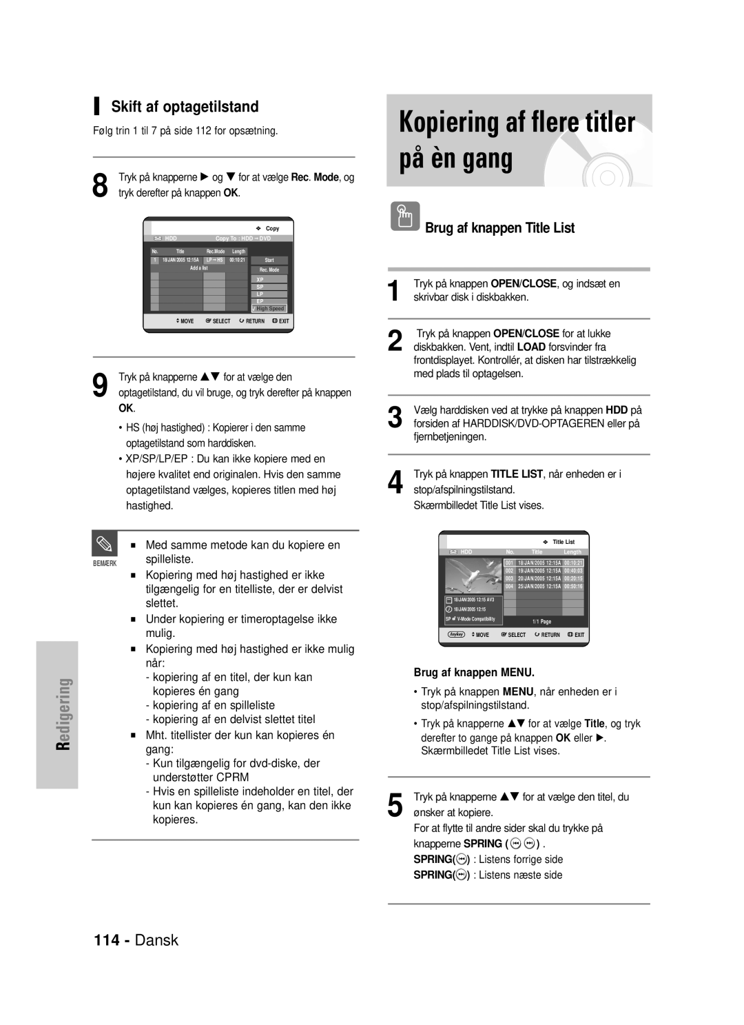 Samsung DVD-HR725/XEE manual Skift af optagetilstand 