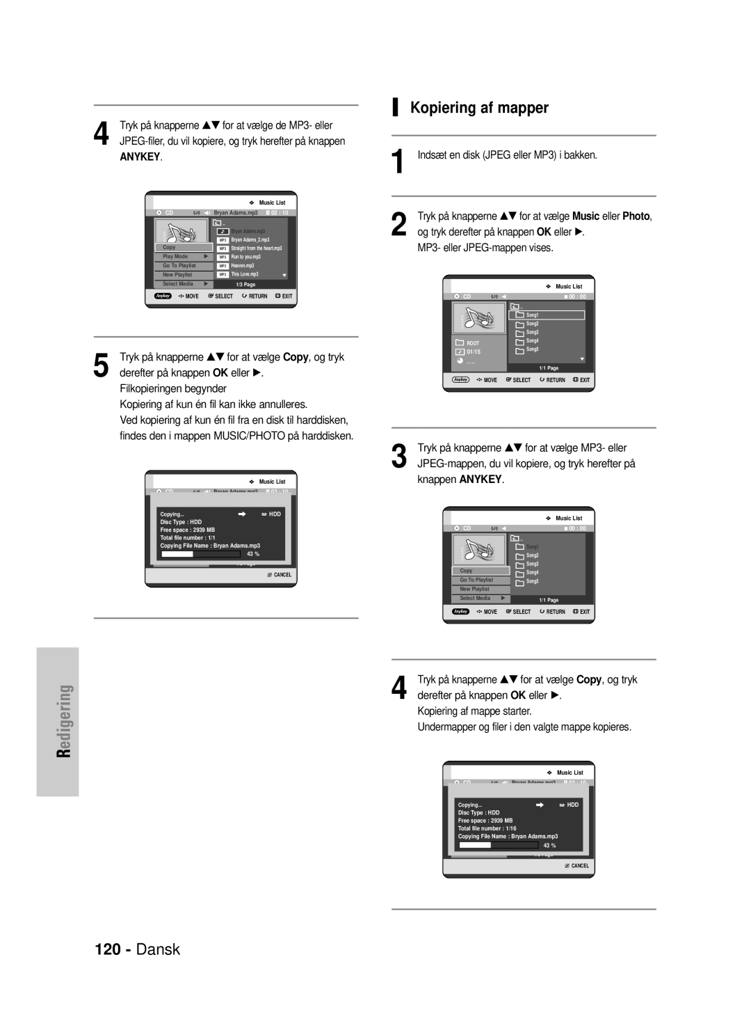 Samsung DVD-HR725/XEE manual Kopiering af mapper, Indsæt en disk Jpeg eller MP3 i bakken 