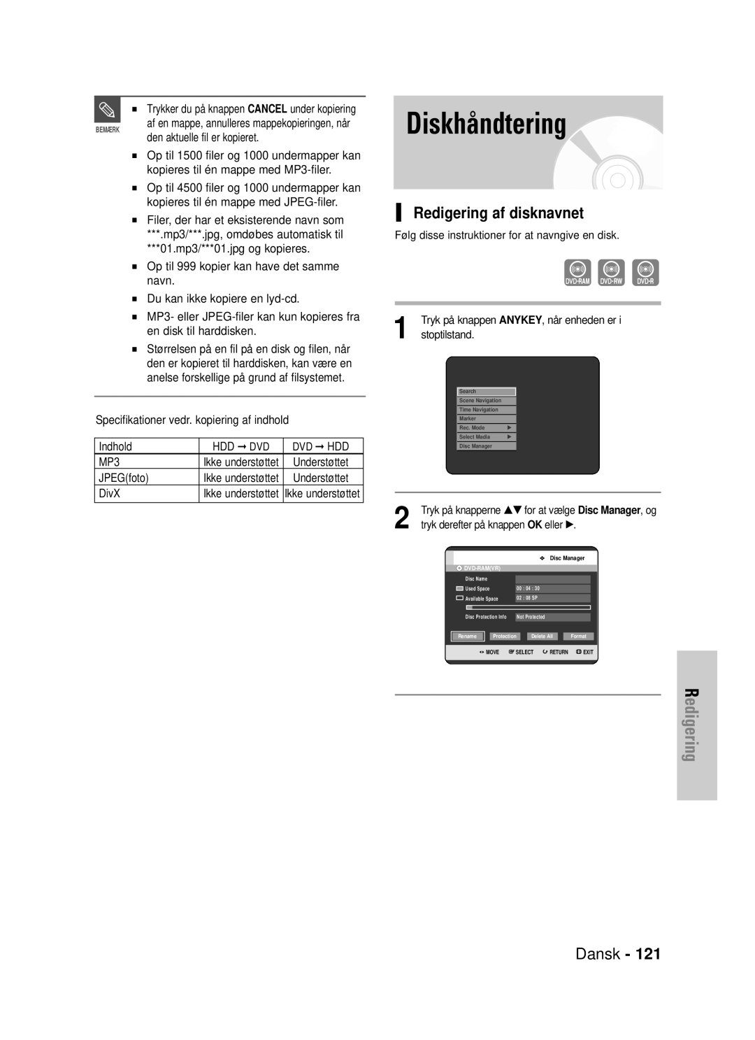 Samsung DVD-HR725/XEE Diskhåndtering, Redigering af disknavnet, Trykker du på knappen Cancel under kopiering, JPEGfoto 