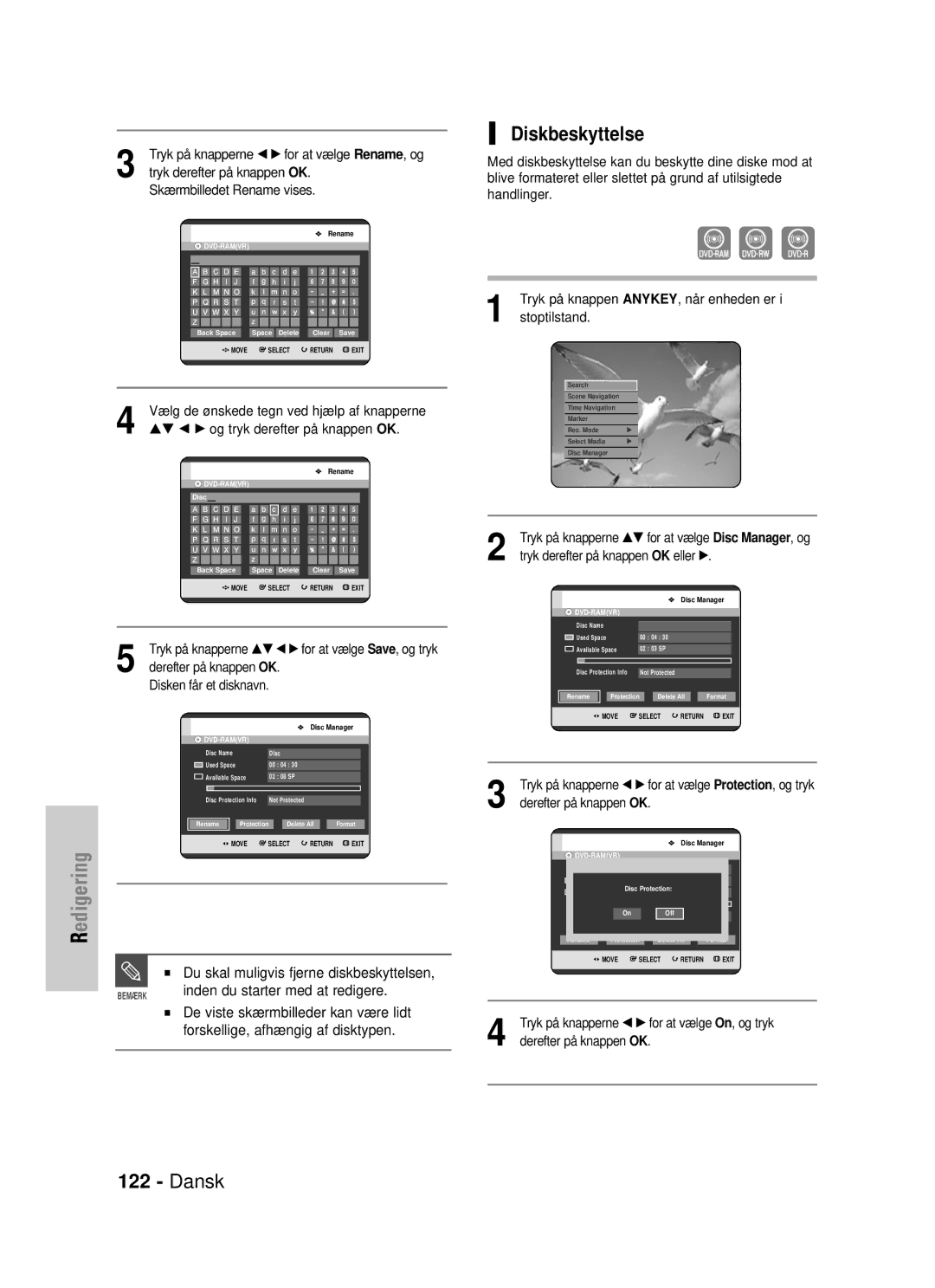 Samsung DVD-HR725/XEE manual Diskbeskyttelse, Du skal muligvis fjerne diskbeskyttelsen 