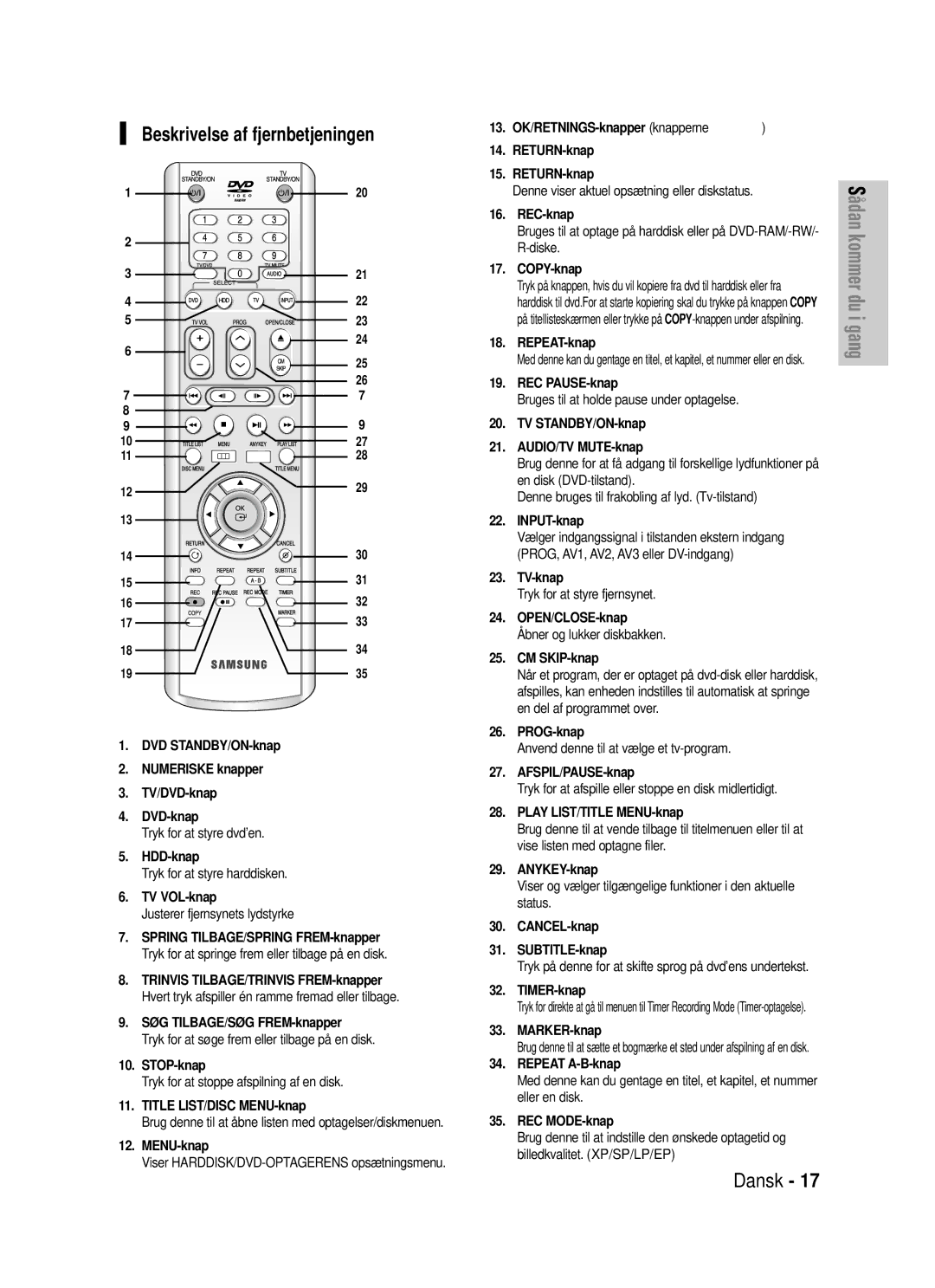 Samsung DVD-HR725/XEE manual Beskrivelse af fjernbetjeningen 