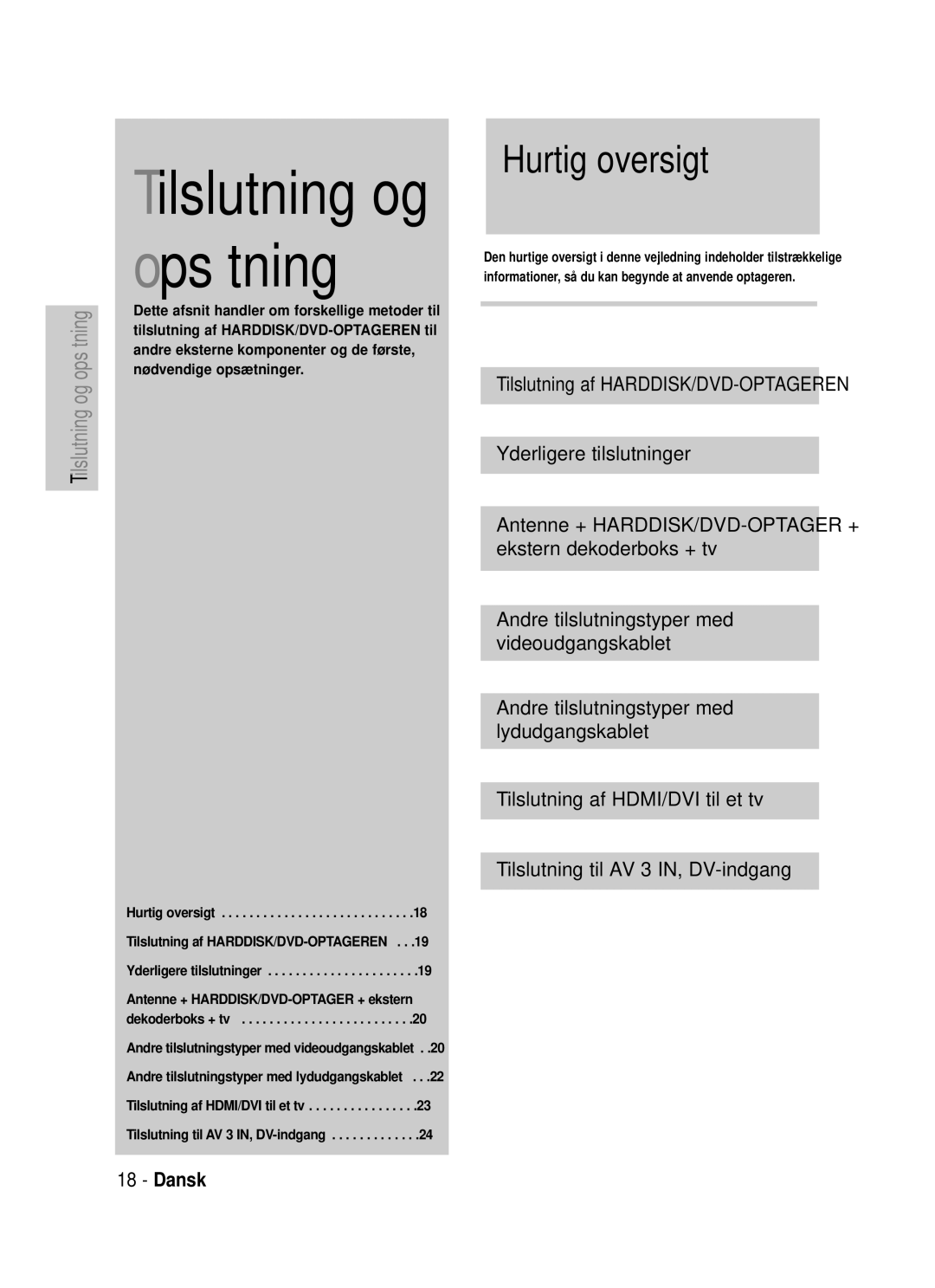 Samsung DVD-HR725/XEE manual Tilslutning og opsætning, Hurtig oversigt 