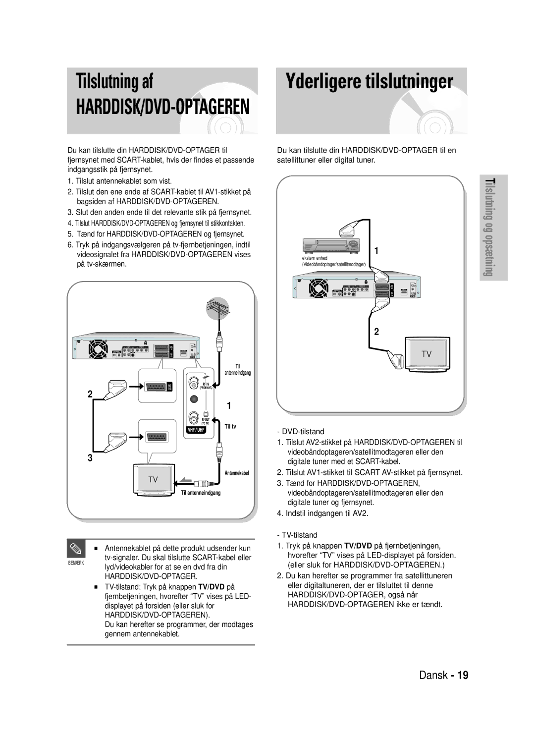 Samsung DVD-HR725/XEE manual Tilslutning af, Yderligere tilslutninger, Hvorefter TV vises på LED-displayet på forsiden 