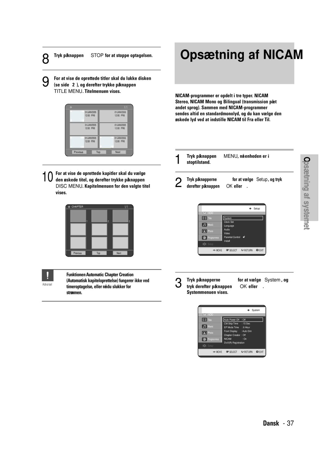 Samsung DVD-HR725/XEE manual Opsætning af Nicam 