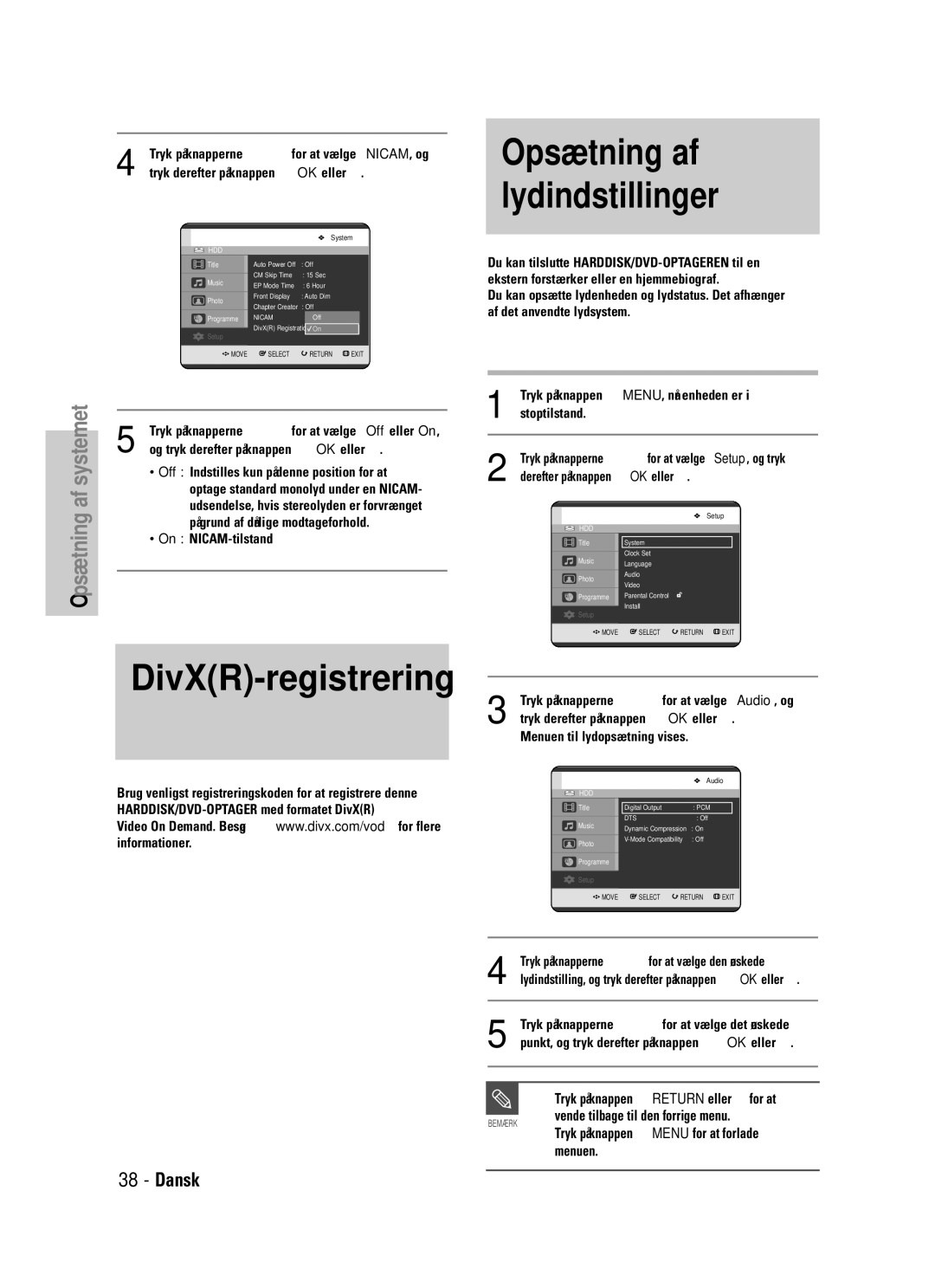 Samsung DVD-HR725/XEE manual DivXR-registrering, Opsætning af lydindstillinger, On NICAM-tilstand 