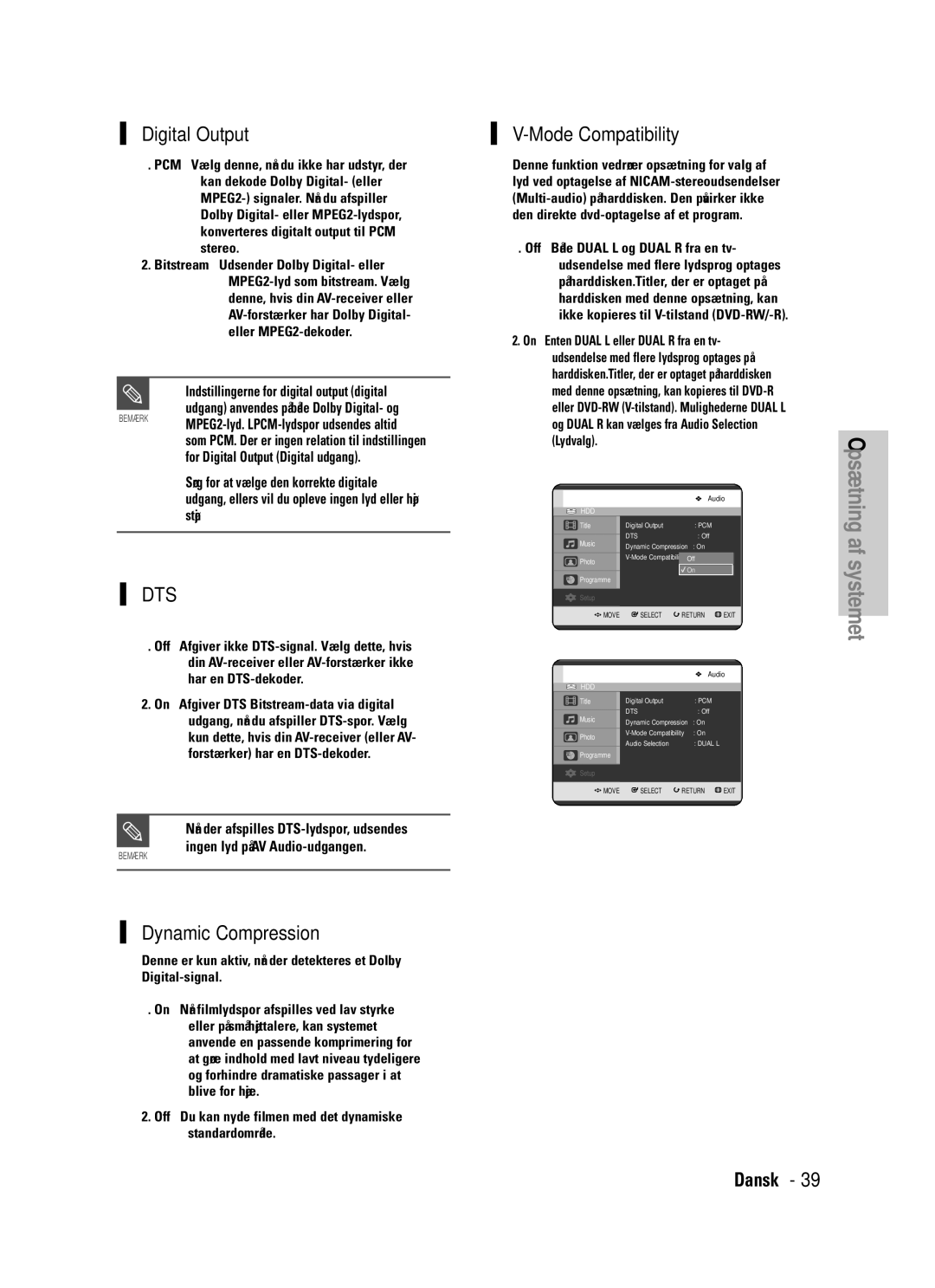 Samsung DVD-HR725/XEE manual Mode Compatibility, Dynamic Compression, For Digital Output Digital udgang 